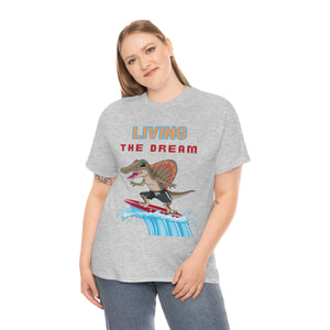 living the dream dinosaur surfer heavyweight tee