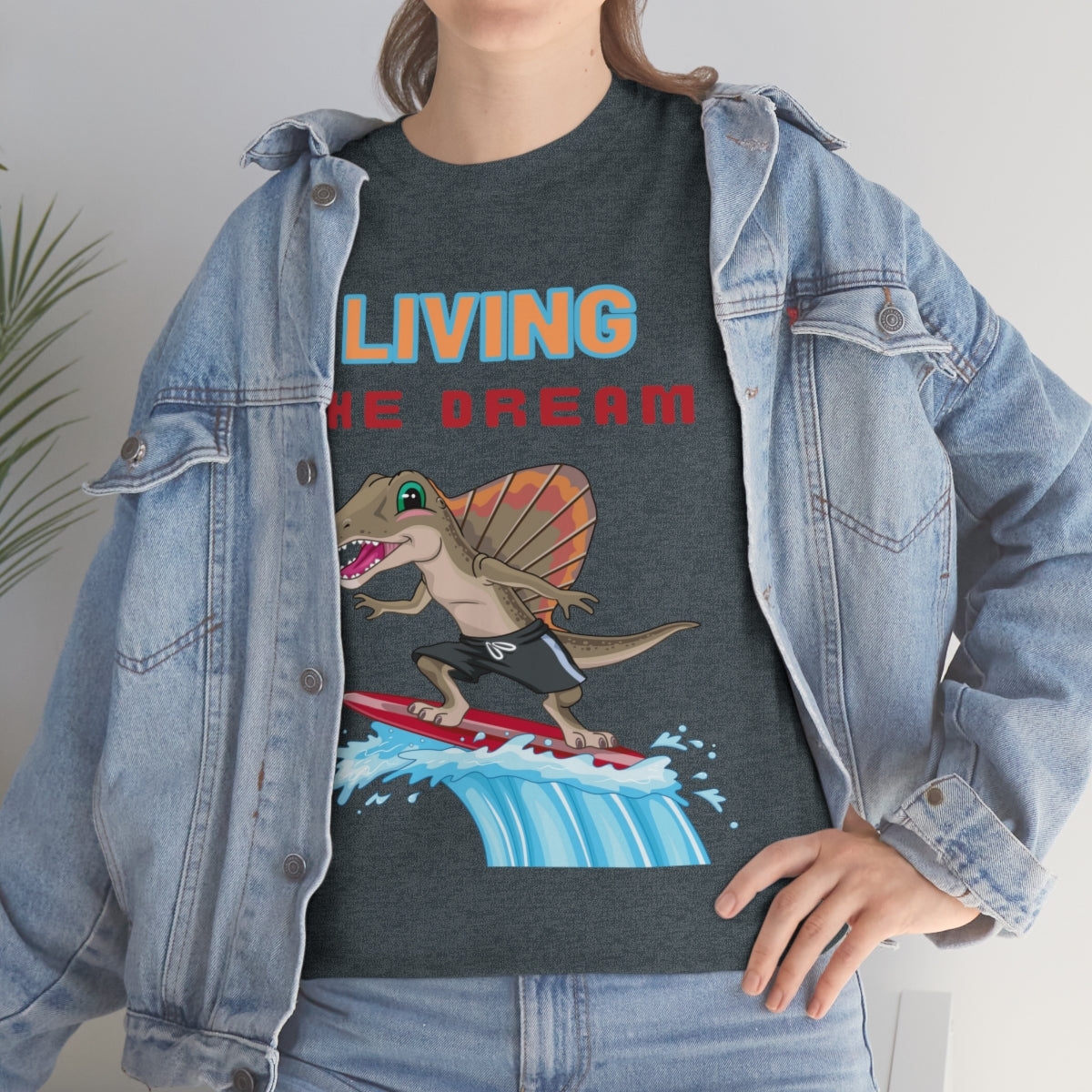 living the dream dinosaur surfer heavyweight tee