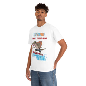 living the dream dinosaur surfer heavyweight tee