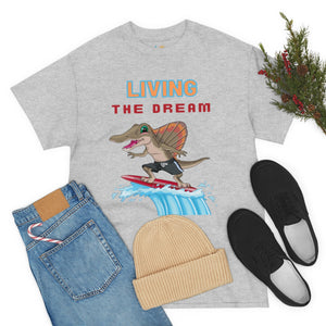 living the dream dinosaur surfer heavyweight tee