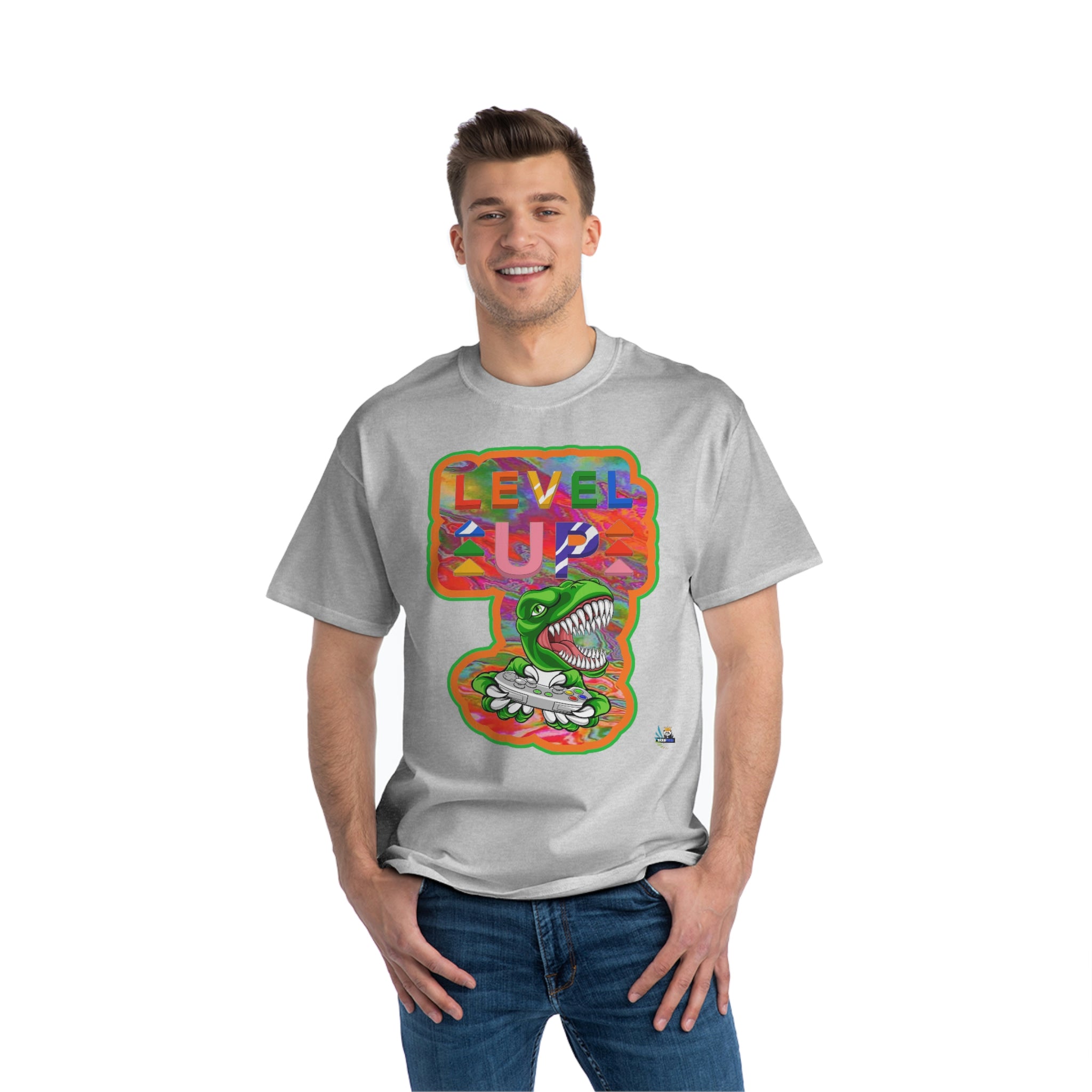 Level Up Dino Gamer Heavyweight Unisex Gaming Tee