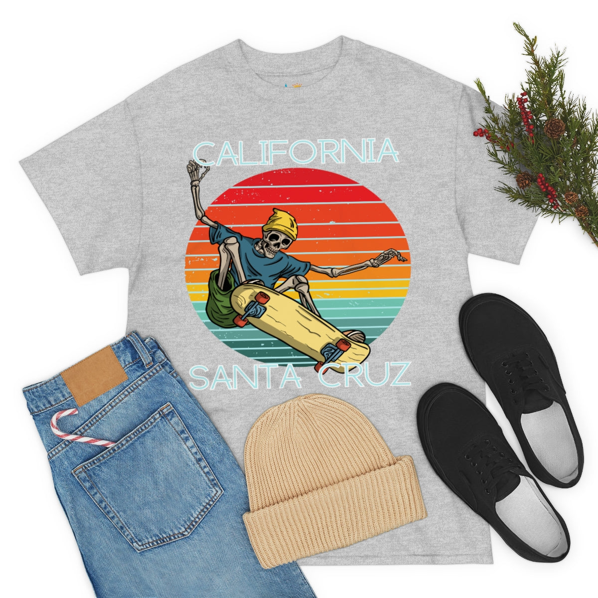 skate santa cruz skeleton beanie heavyweight tee