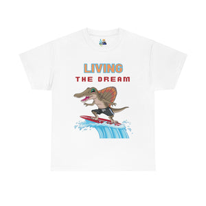 living the dream dinosaur surfer heavyweight tee