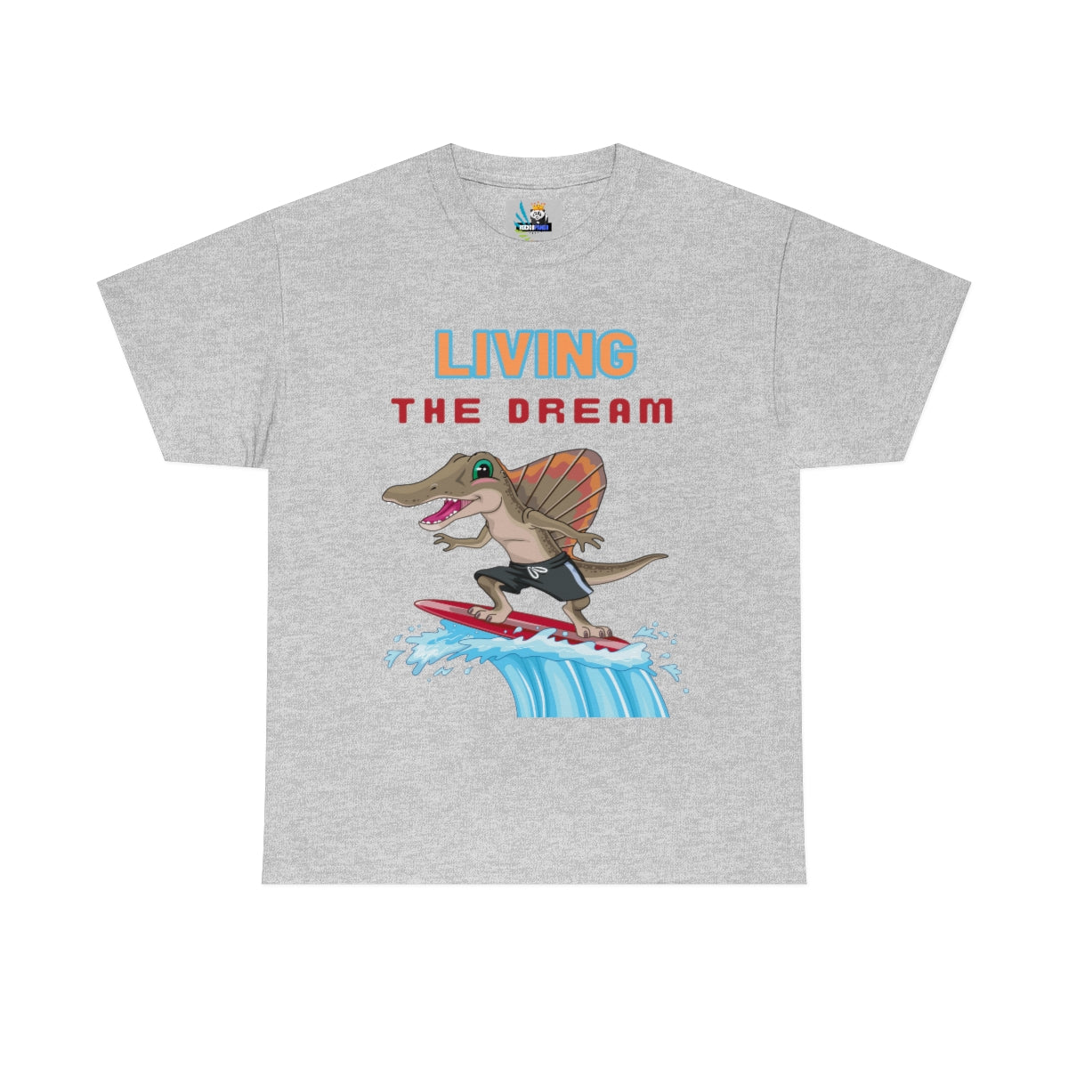 living the dream dinosaur surfer heavyweight tee