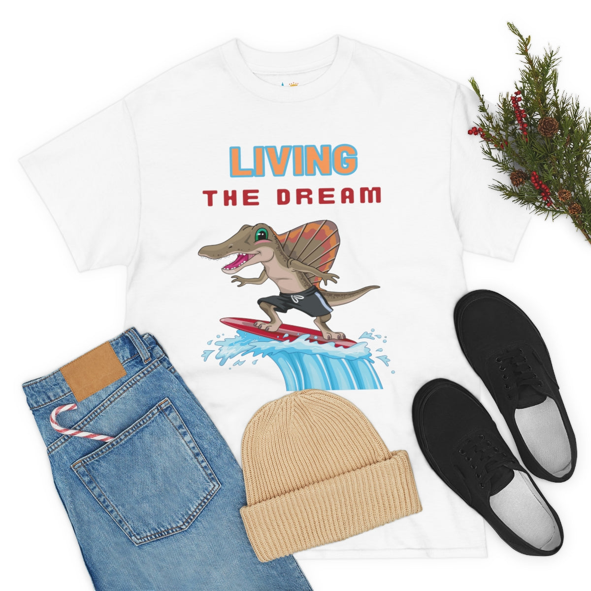 living the dream dinosaur surfer heavyweight tee