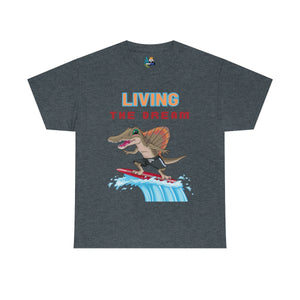 living the dream dinosaur surfer heavyweight tee