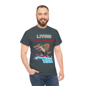 living the dream dinosaur surfer heavyweight tee