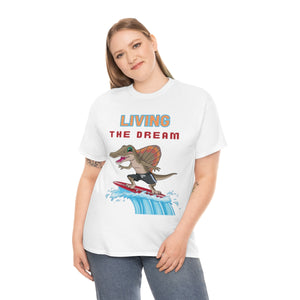 living the dream dinosaur surfer heavyweight tee