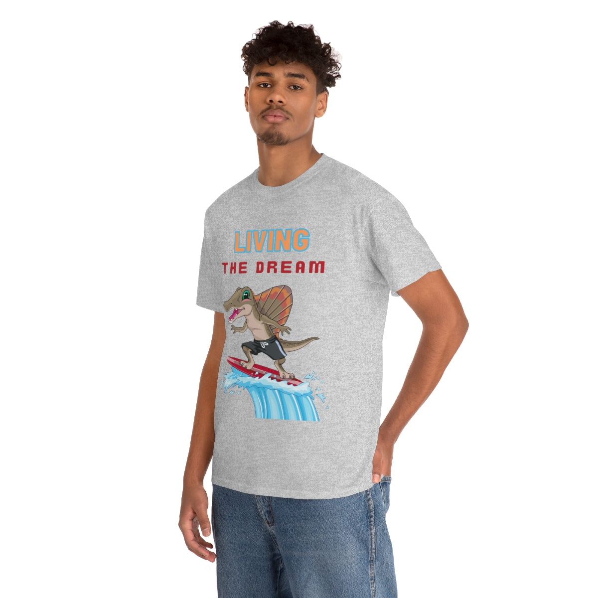 living the dream dinosaur surfer heavyweight tee