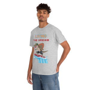 living the dream dinosaur surfer heavyweight tee