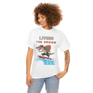 living the dream dinosaur surfer heavyweight tee