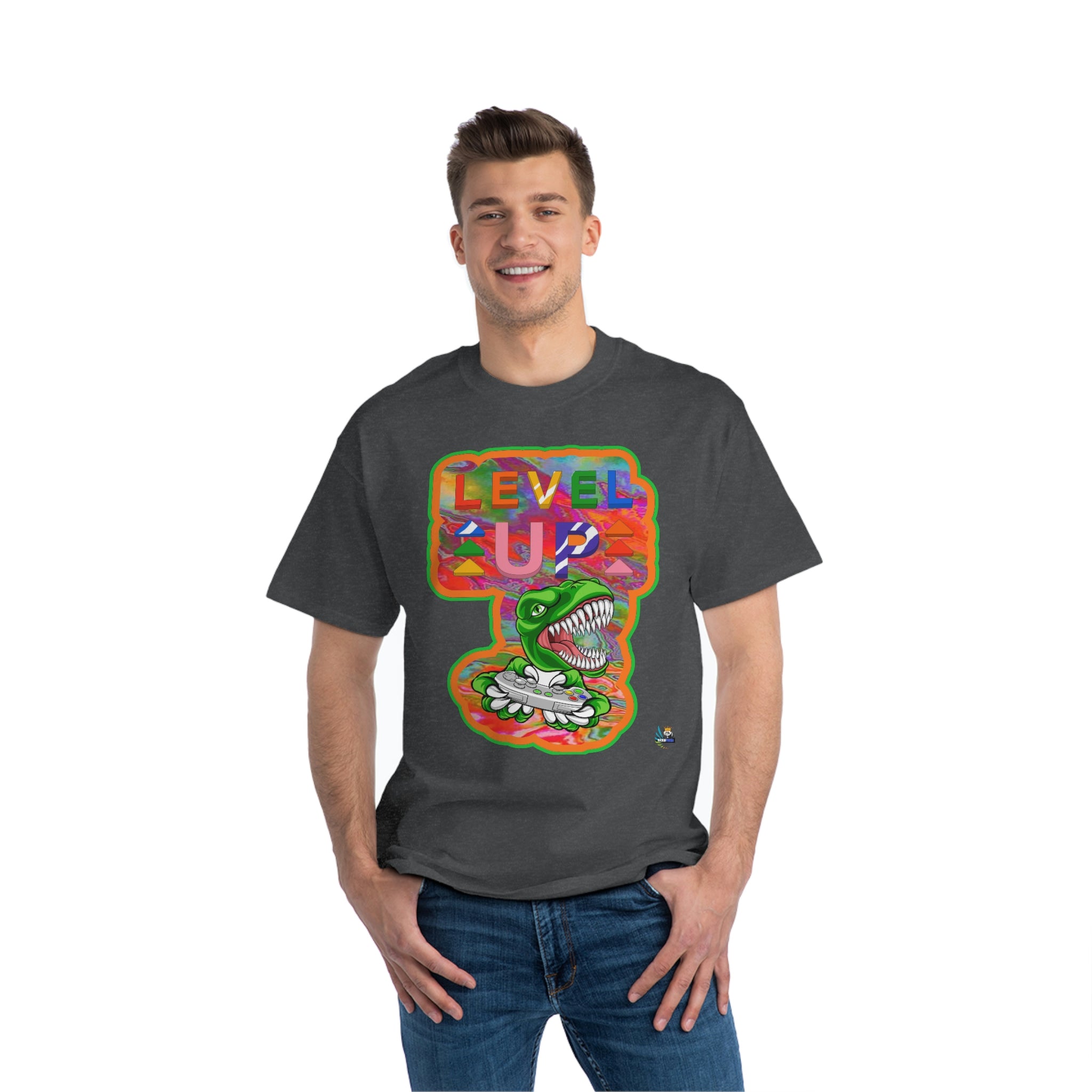 Level Up Dino Gamer Heavyweight Unisex Gaming Tee