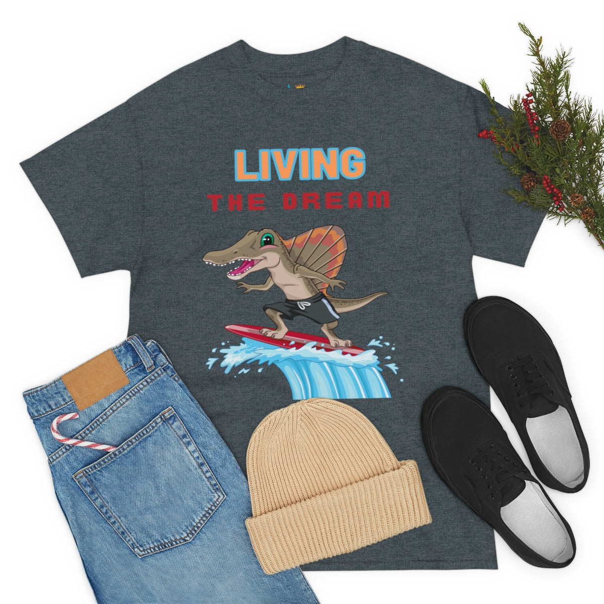 living the dream dinosaur surfer heavyweight tee