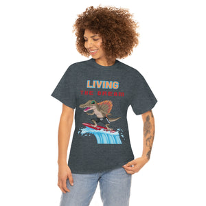 living the dream dinosaur surfer heavyweight tee