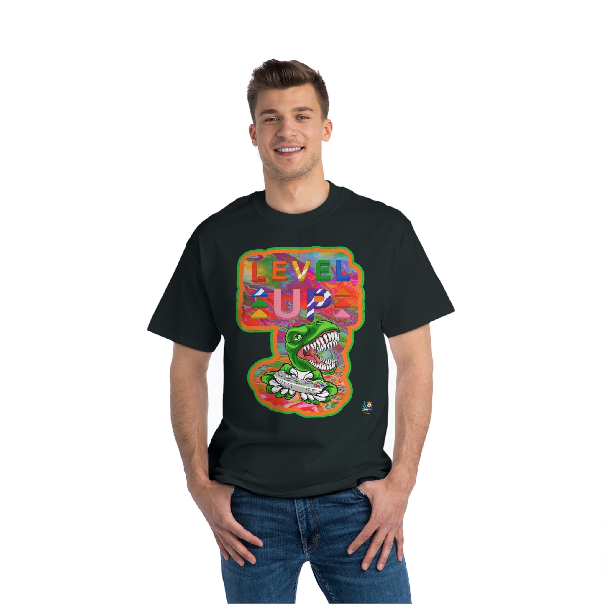 Level Up Dino Gamer Heavyweight Unisex Gaming Tee