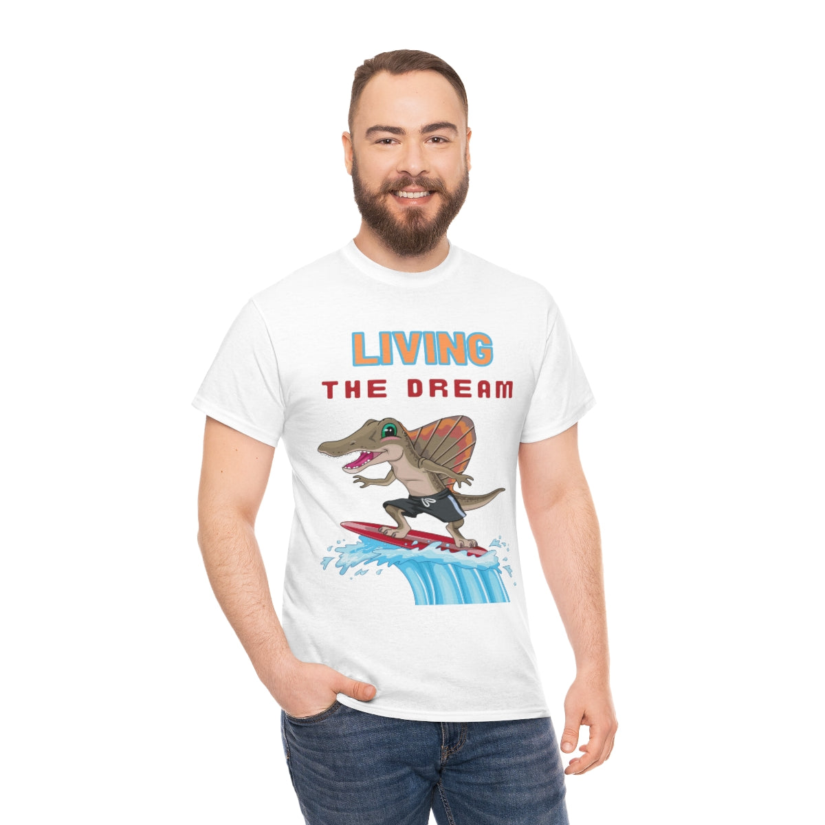 living the dream dinosaur surfer heavyweight tee