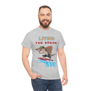 living the dream dinosaur surfer heavyweight tee