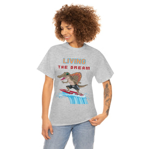 living the dream dinosaur surfer heavyweight tee