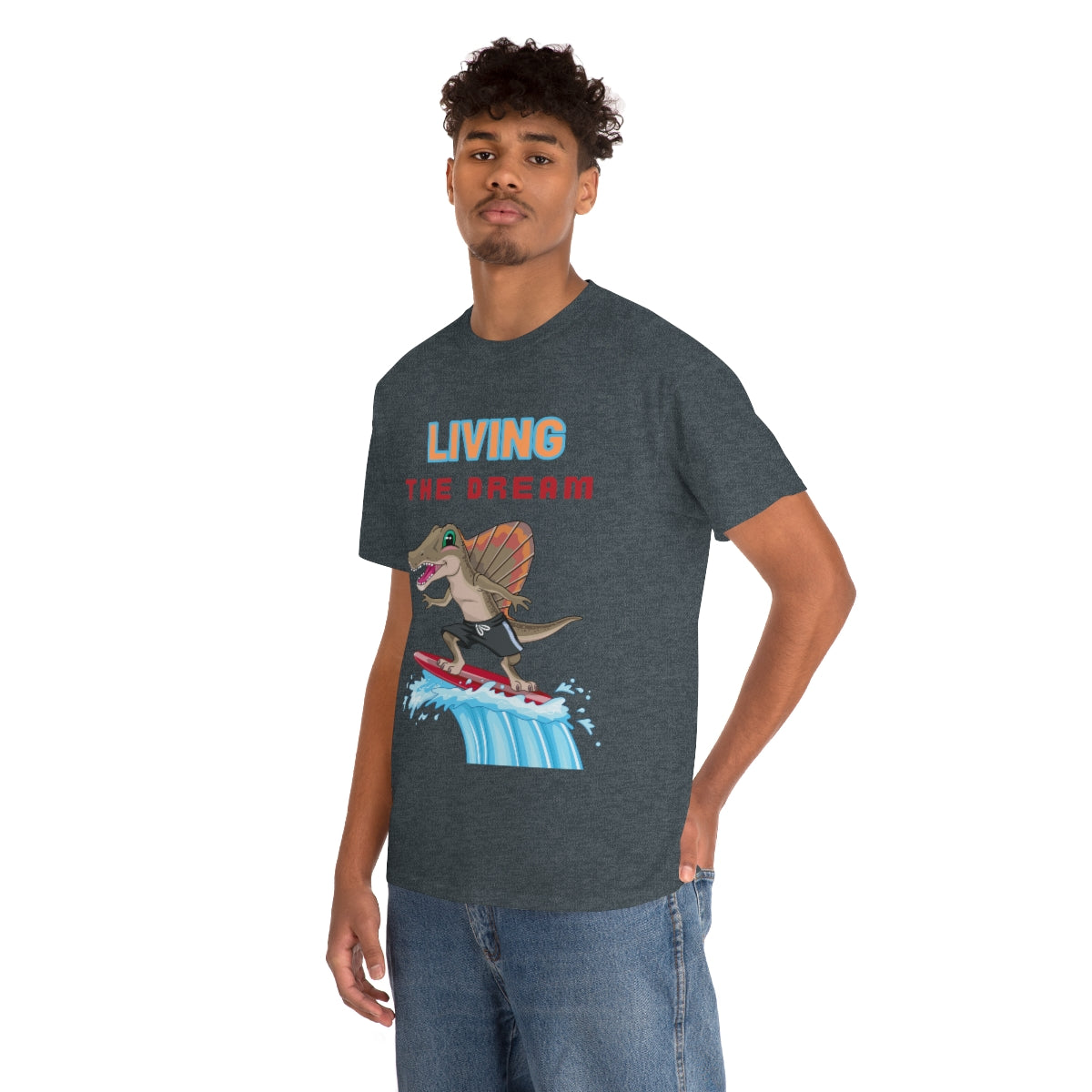 living the dream dinosaur surfer heavyweight tee