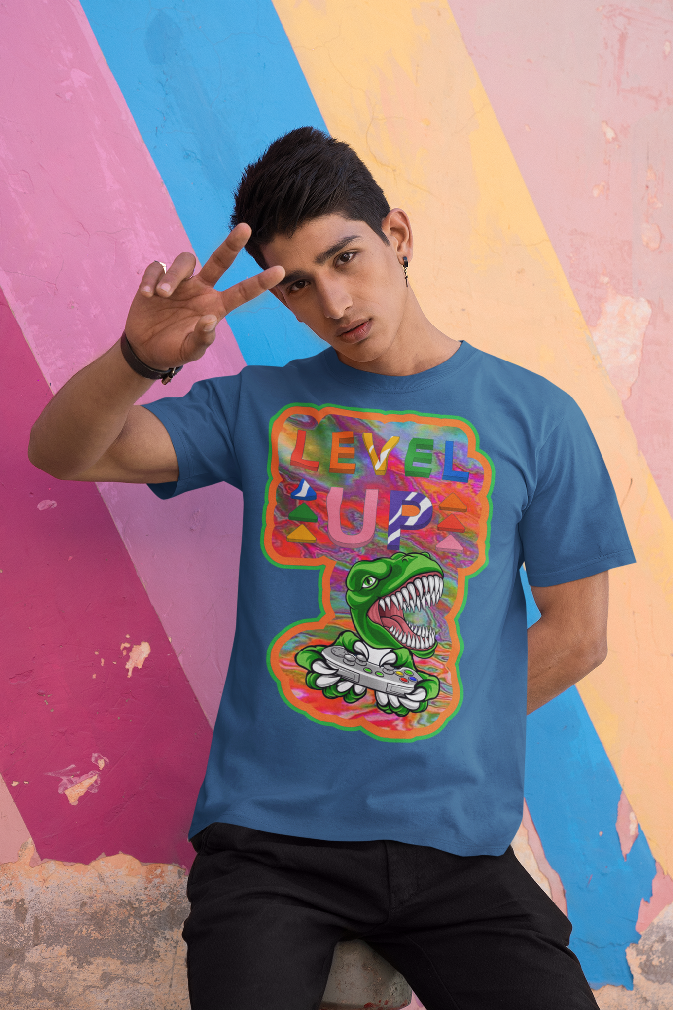 Level Up Dino Gamer Heavyweight Unisex Gaming Tee