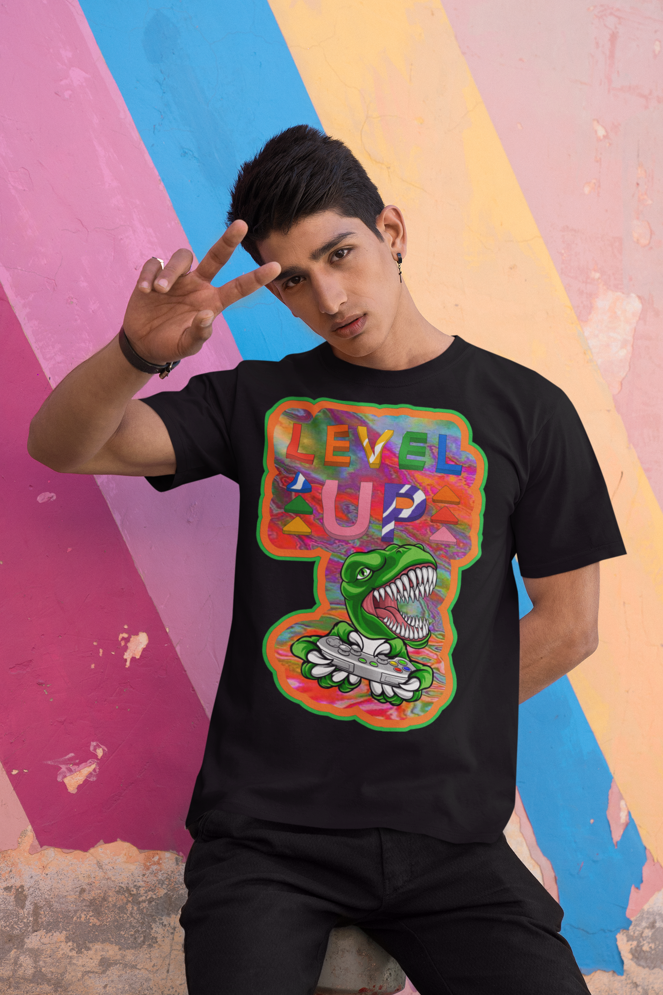 Level Up Dino Gamer Heavyweight Unisex Gaming Tee