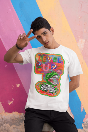 Level Up Dino Gamer Heavyweight Unisex Gaming Tee